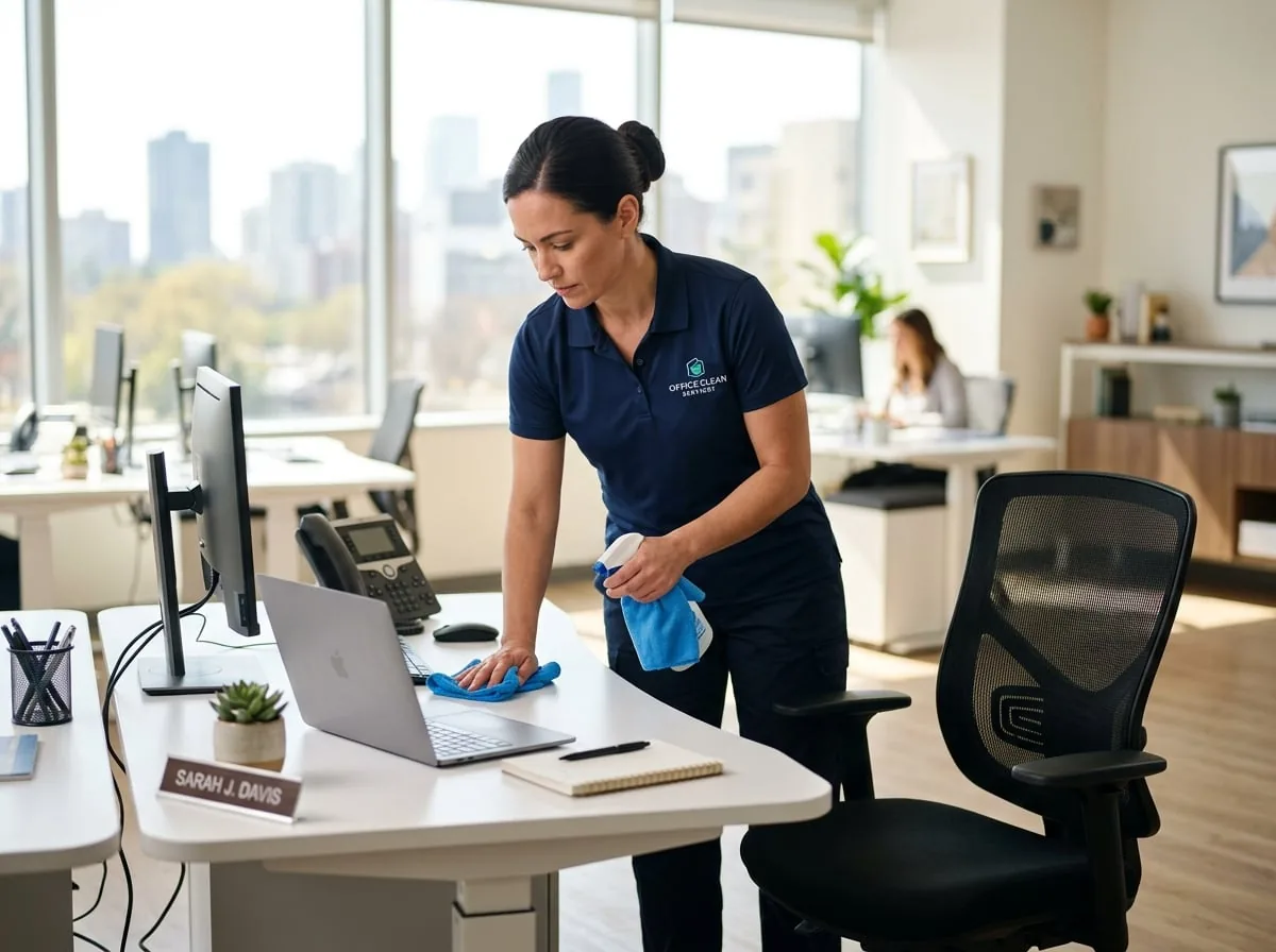 Professional cleaner disinfecting an office desk workstation in Kona Hawaii