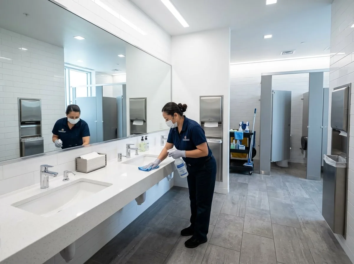 Spotless commercial office restroom cleaned by Executive Cleaning Services in Kona