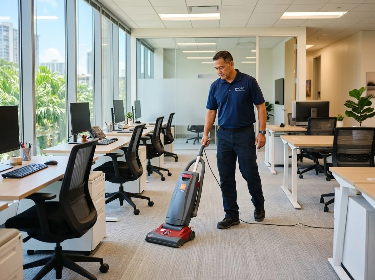 Commercial cleaner vacuuming carpet in a modern Kona Hawaii office